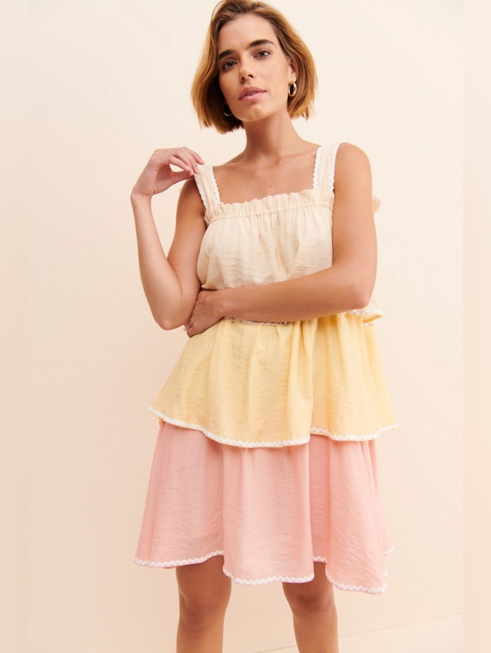 Free The Roses Tiered Mini Dress Cream Yellow Pink Boho Size M